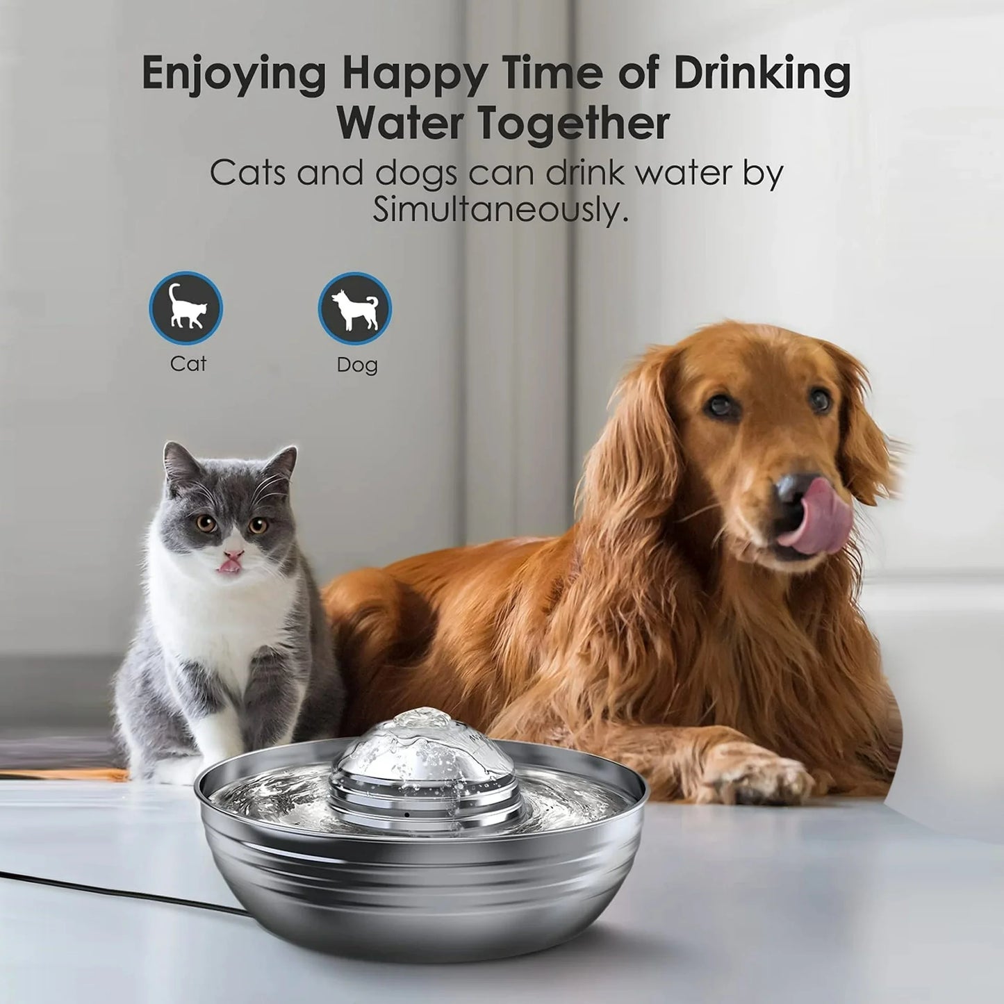 CW03 Cat Water Fountain 304 Stainless Steel, 2L/68Oz Quiet Cat Fountain for Cats Drinking, Dual Filtration Cat Water Bowl for Kittens, Silver
